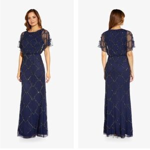 NWT Adrianna‎ Papell | Hand Beaded Blouson Long Gown Flutter Sleeves Navy Blue 2